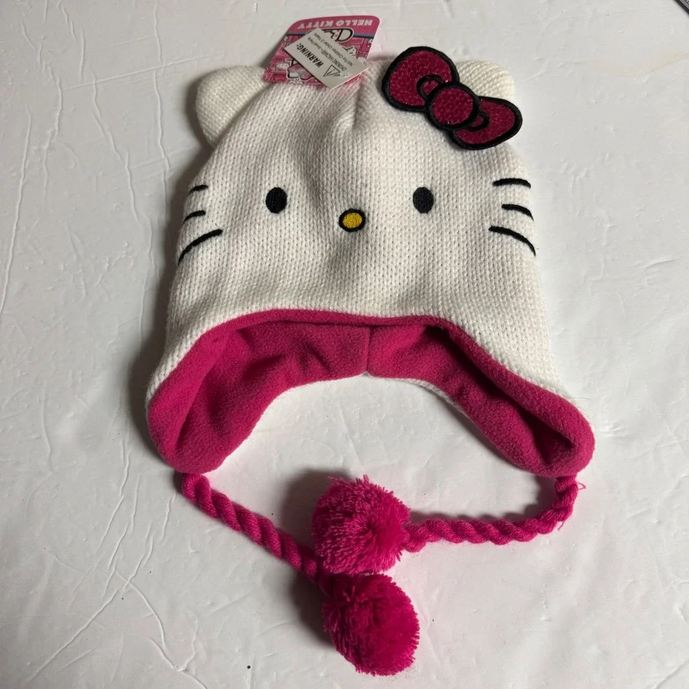 Hello‎ Kitty White Knit Beanie Hat with Pink Fleece Lining and Pom Poms Kids
